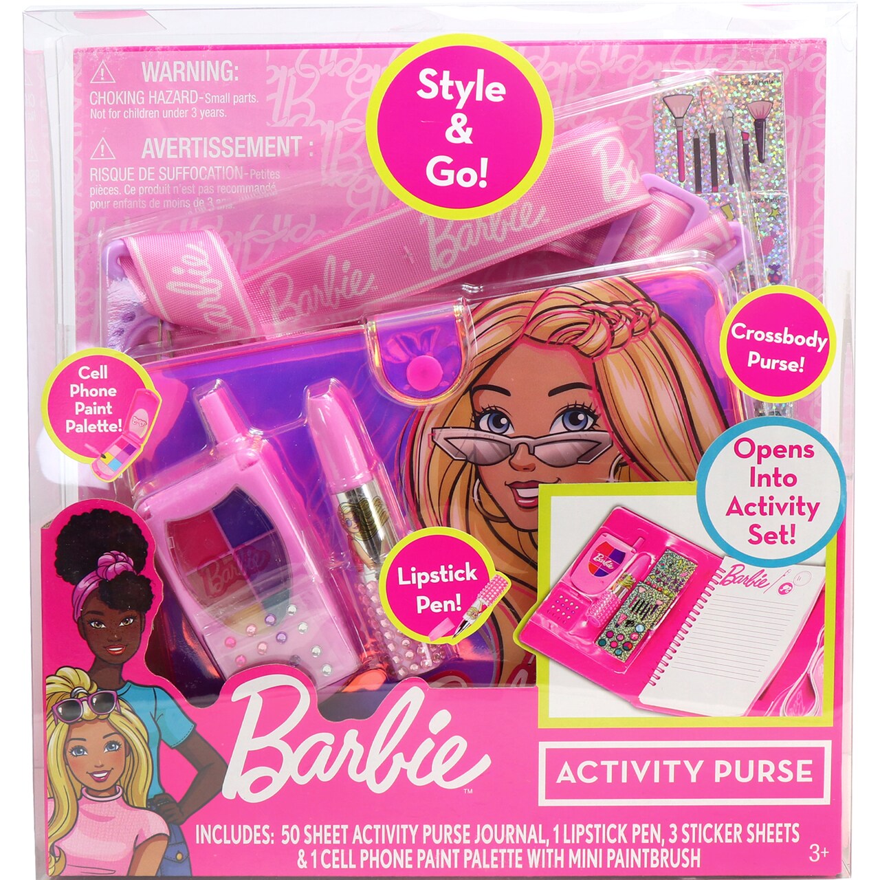 Tara Toy: Barbie Activity Purse - Style & Go Crossbody Purse, Opens Into Activity Journal Set, Lipstick Shaped Pen, Stickers, Paint, Kids Ages 3+